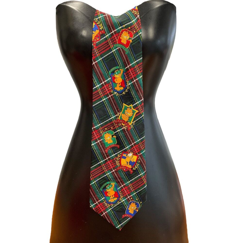 Vintage Cartoon Garfield Cat Tartan Plaid‎ Necktie Multicolor Paws Addiction